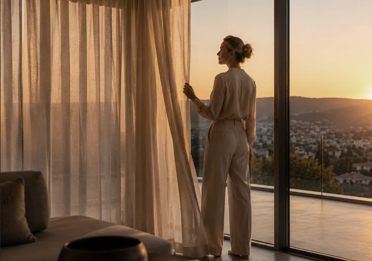 Stimmungsvoll gestalteter Wohnraum mit Blick über die Stadt